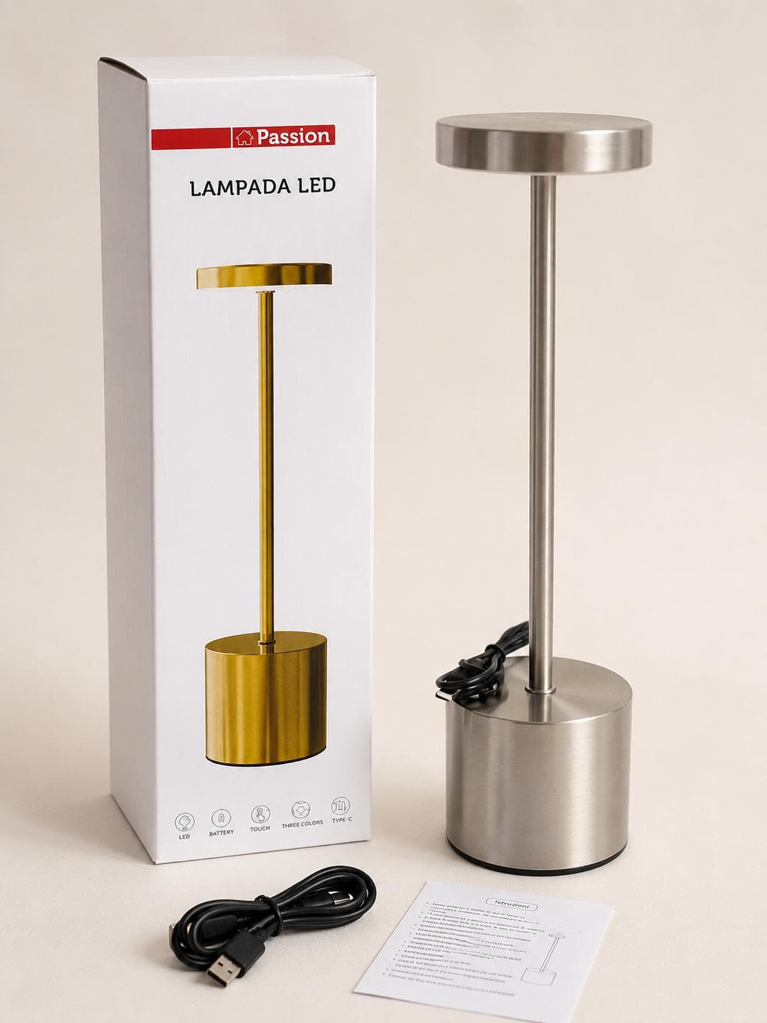 Lampada LED Touch Passion Ricaricabile USB-C 3 Colori Luce H 34 cm - 3