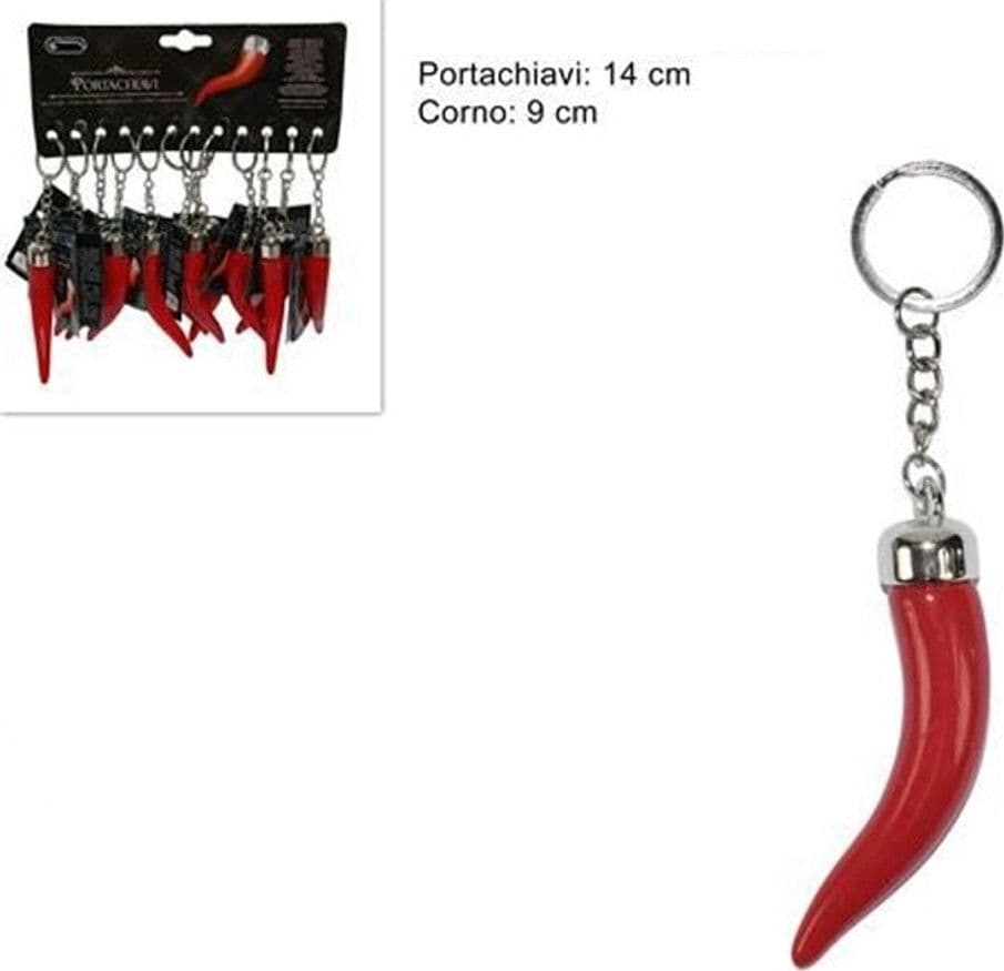 SET 12PZ PORTACHIAVI A FORMA DI CORNO ROSSO 9CM CORNETTO PORTAFORTUNA BOMBONIERA 489420 - 2