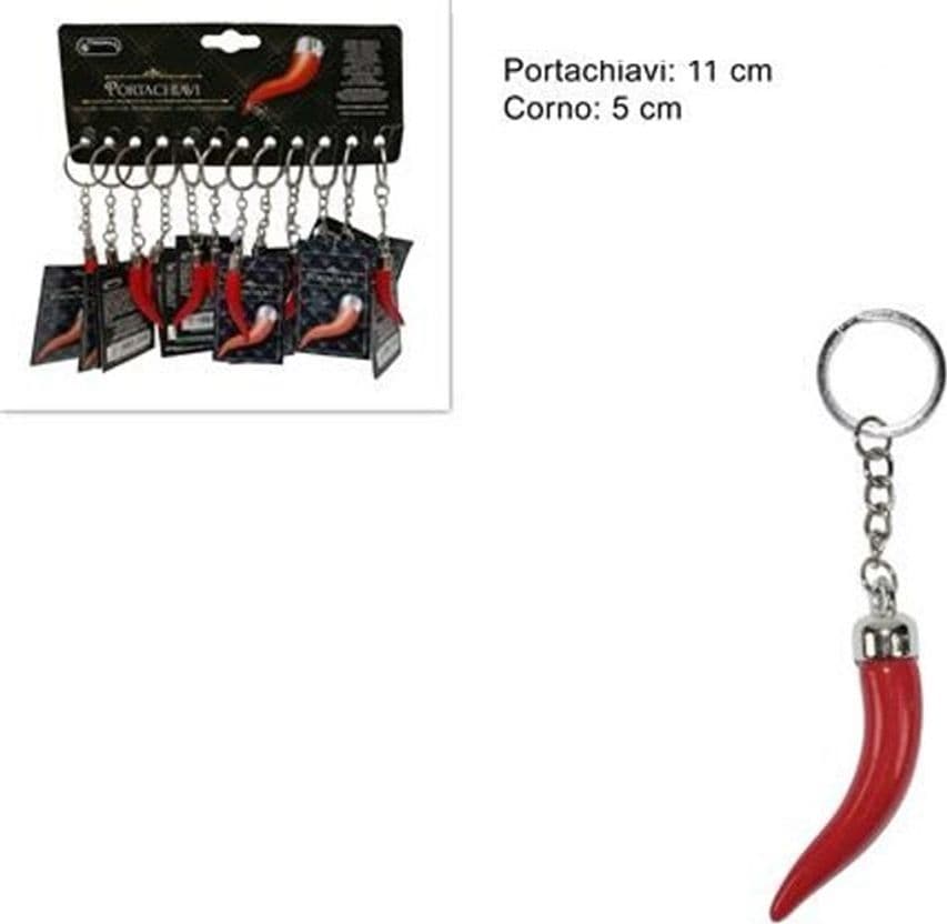 SET 12PZ PORTACHIAVI A FORMA DI CORNO ROSSO 5CM CORNETTO PORTAFORTUNA BOMBONIERA 489444 - 2