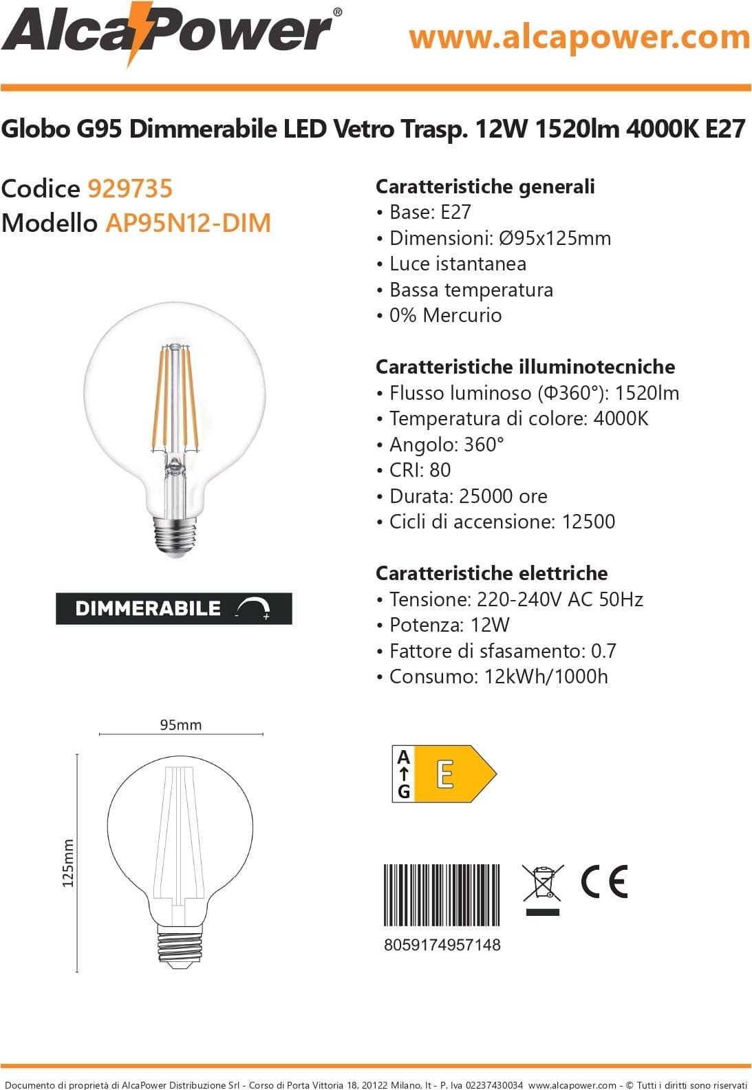 Alca Power G95 12W 220V 1520LM 4000K E27 lampada a globo dimmerabile a led - 4