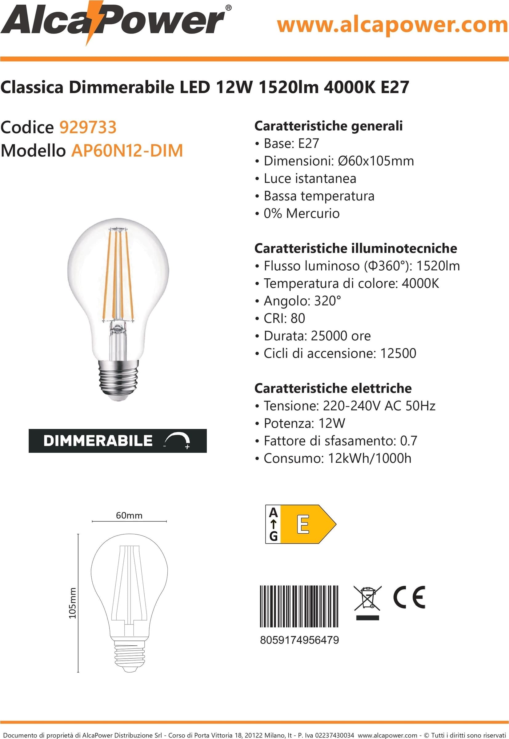 Alca Power A60 12W 220V 1520LM 4000K E27 lampada classica a filamento a led - 4