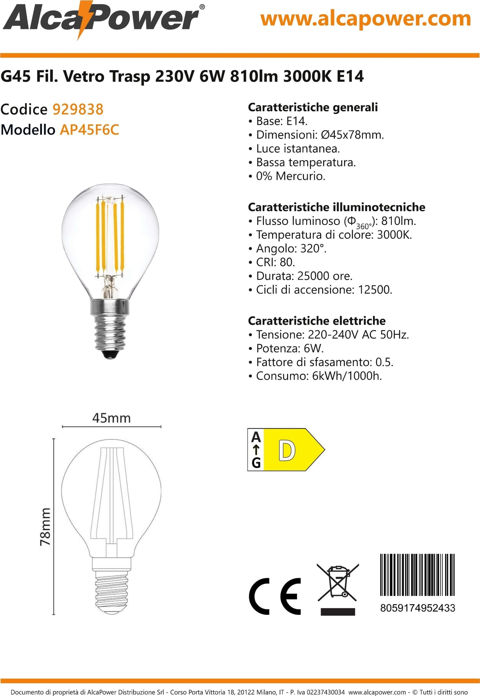 Alca Power G45 6W 220V 810LM 3000K E14 lampada classica a led vetro trasparente - 3