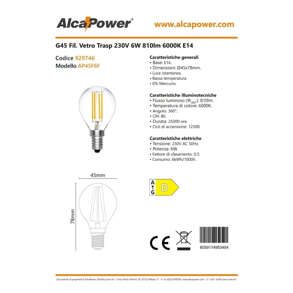 Alca Power G45 6W 220V 810LM 6000K E14 lampada classica a led vetro trasparente - 4