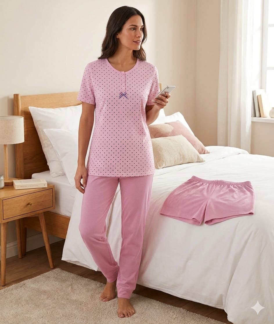Pigiama Donna Vanue SV6610 3 Pezzi in Cotone con Maglia, Pantalone e Pantaloncino - 1