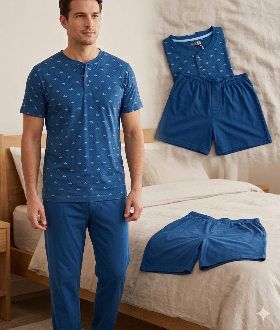 Pigiama Uomo Vanuè 3 Pezzi in Cotone Louis con T-shirt, Pantalone e Pantaloncino - 4