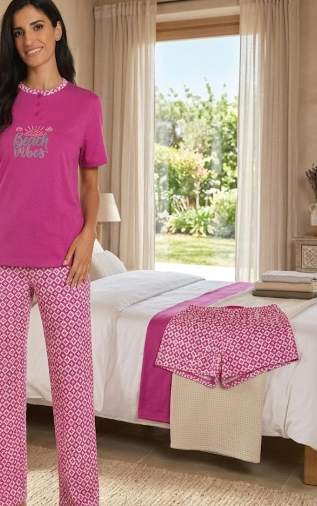 Pigiama Donna Vanue VS00653D 3 Pezzi in Cotone con Maglia, Pantalone e Pantaloncino - 6