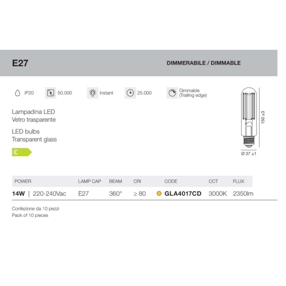 Lampadine 10pz Gea Led GLA4017CD E27 LED 14W 3000°K dimmerabile vetro filamento - 3