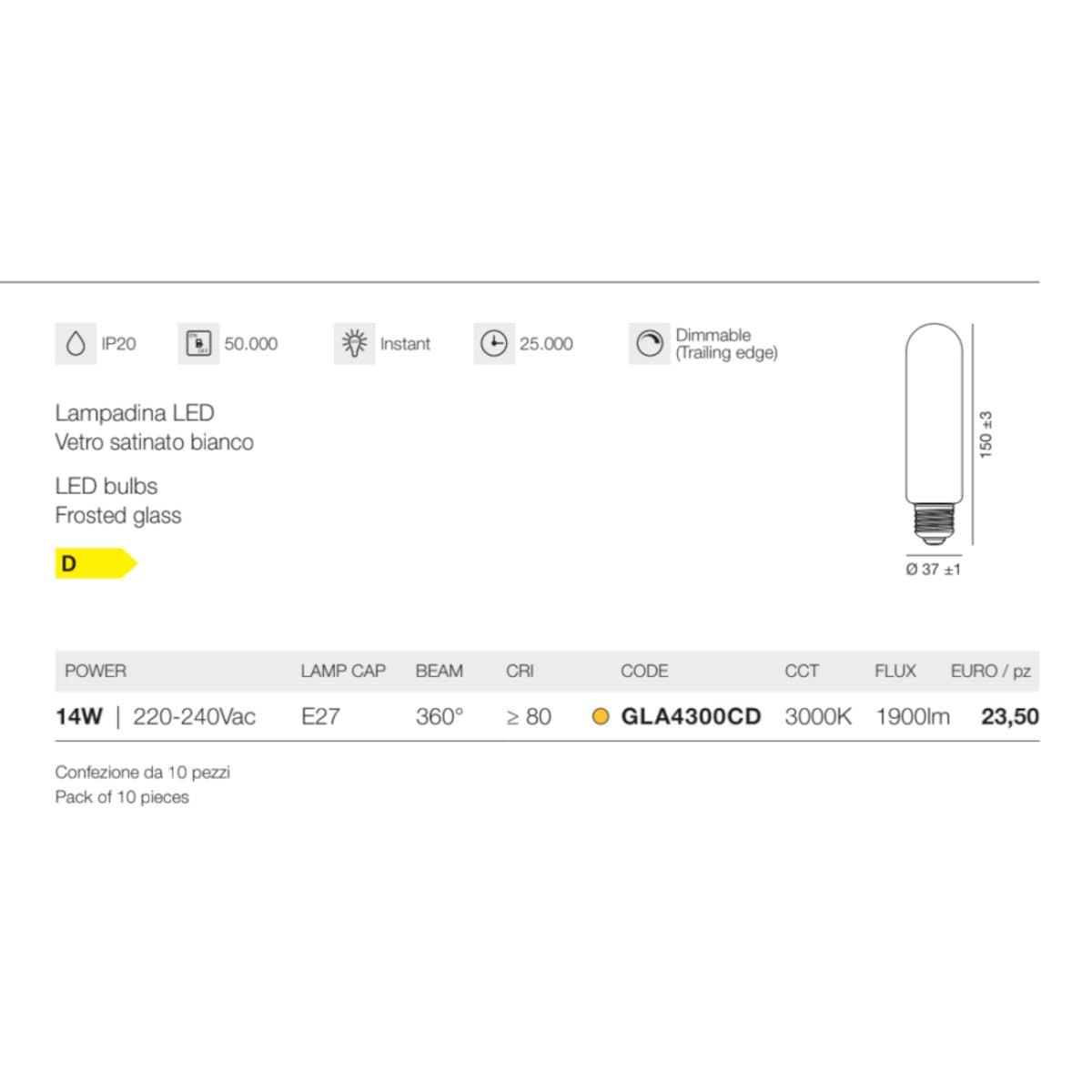 Lampadine 10pz Gea Led GLA4300CD E27 LED 14W 3000°K dimmerabile vetro satinato - 3
