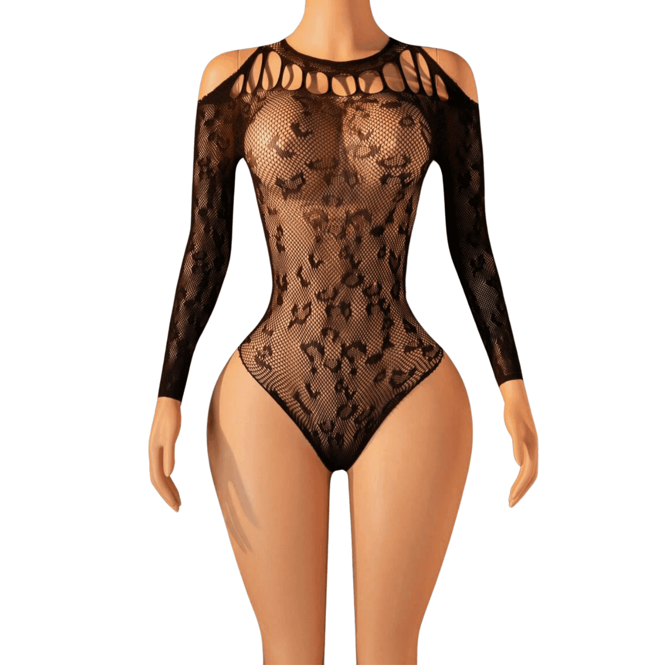 Body Sexy Nero in Rete Leopardata con Maniche Lunghe e Spalle Scoperte tg. Unica - 3