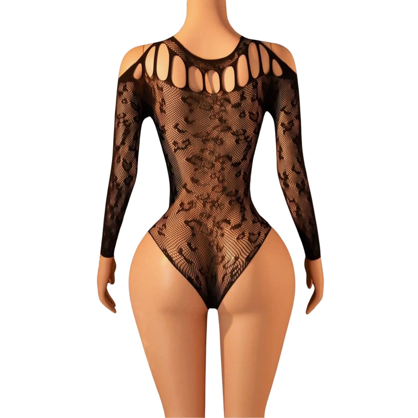 Body Sexy Nero in Rete Leopardata con Maniche Lunghe e Spalle Scoperte tg. Unica - 4