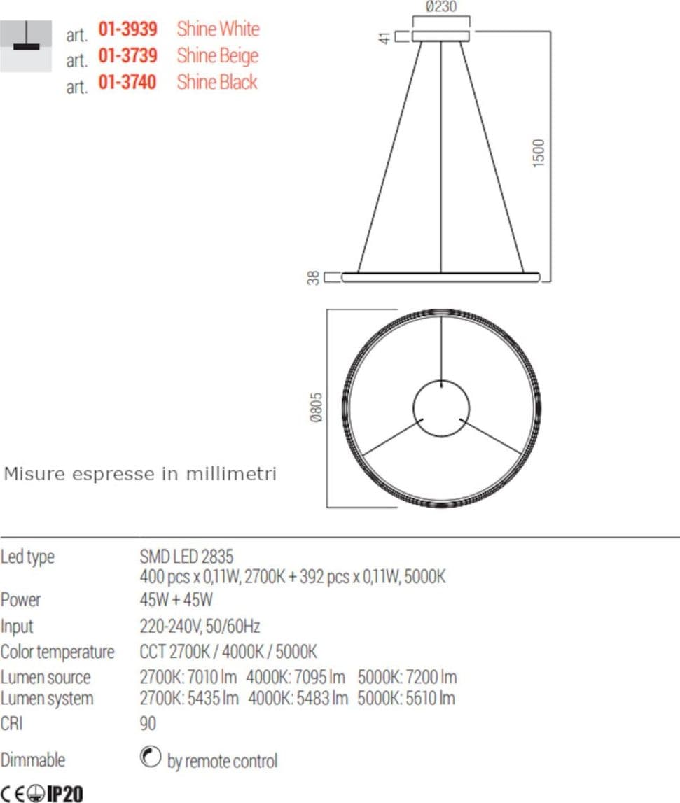 Lampadario moderno Redo Group VANCE big LED 90W CCT dimmerabile telecomando - 7