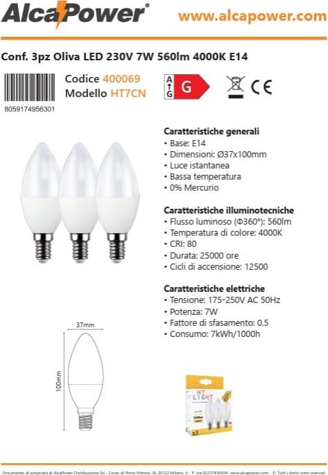 Alca Power C37 7W 220V 560LM 4000K E14 lampada mini oliva a led box da 3pz - 3