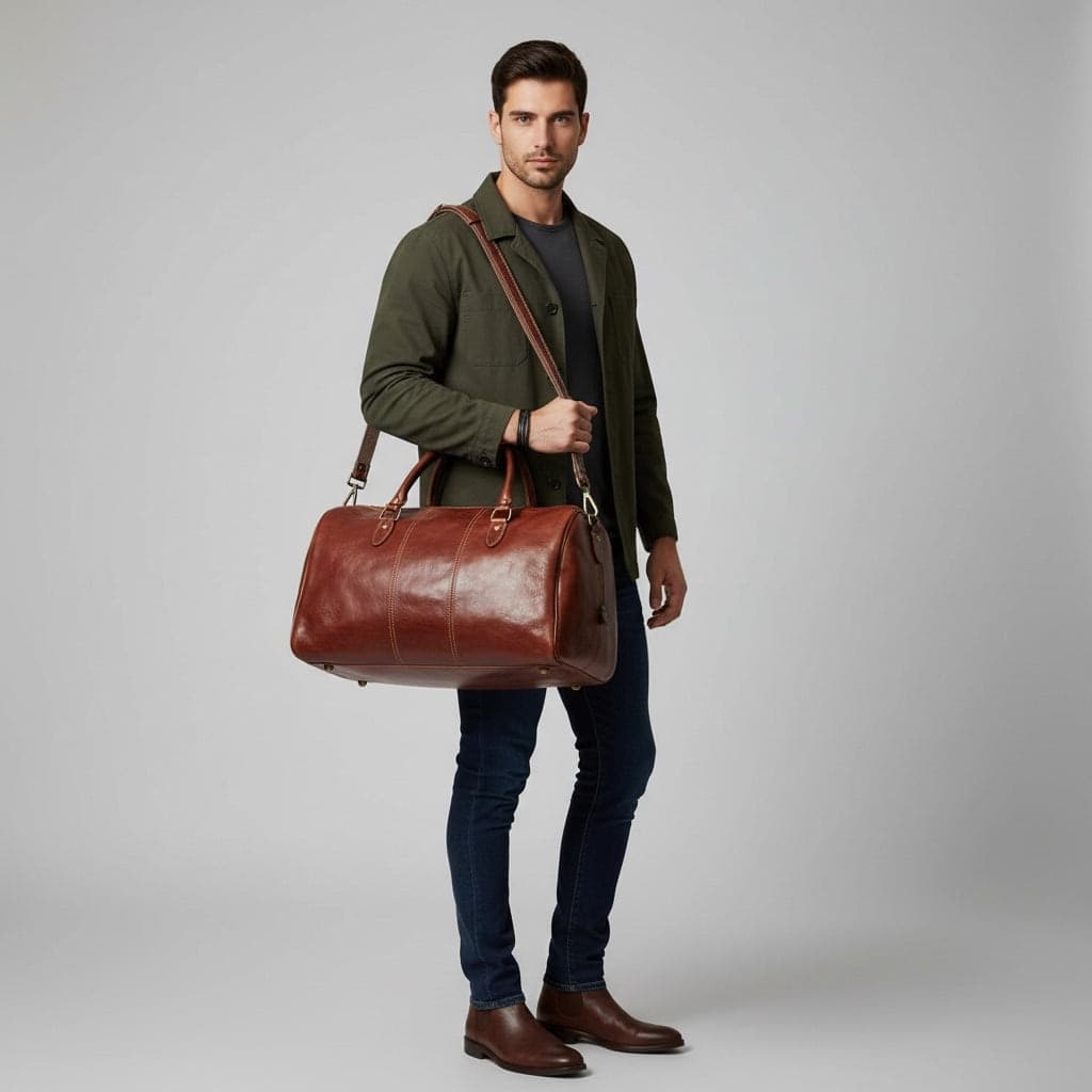 Modarno Borsone viaggio in pelle da uomo e donna borsa viaggio e borsa sport tinta unita in Vera Pelle Made in Italy - 9