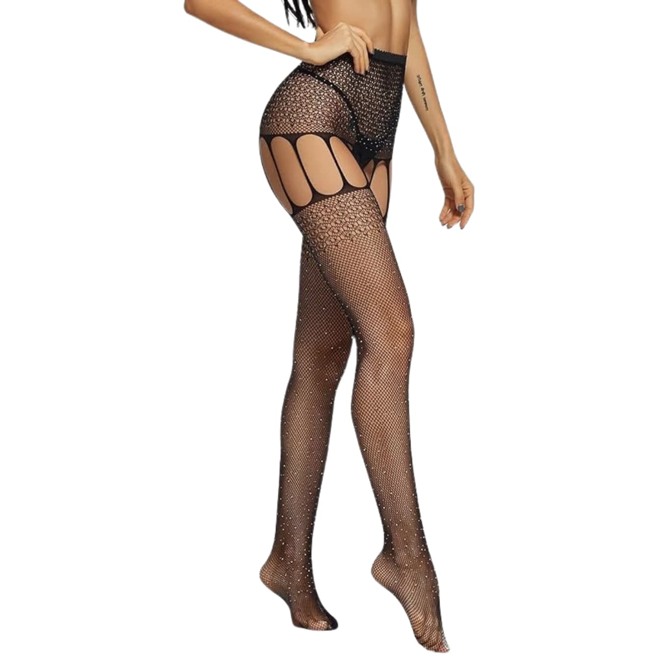 Calze a Rete Sexy con Strass e Reggicalze Integrato Collant Aperti Neri Tg Unica - 5