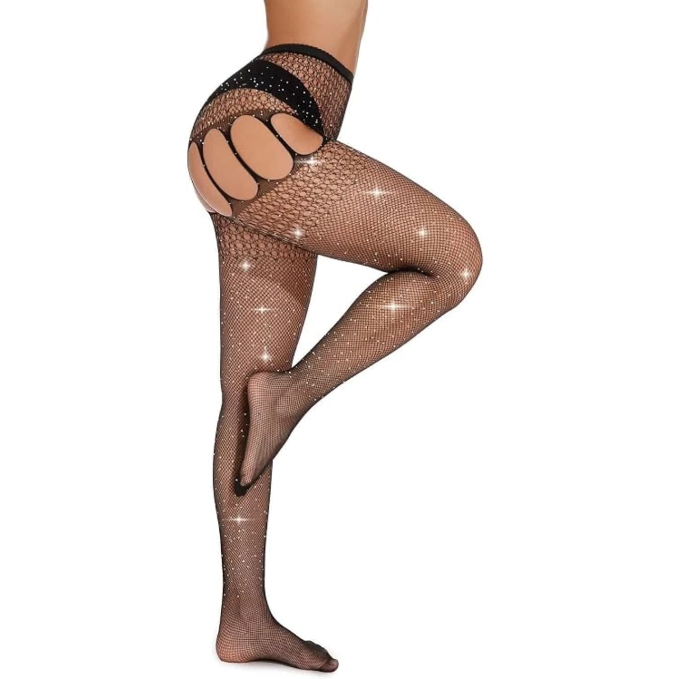 Calze a Rete Sexy con Strass e Reggicalze Integrato Collant Aperti Neri Tg Unica - 6