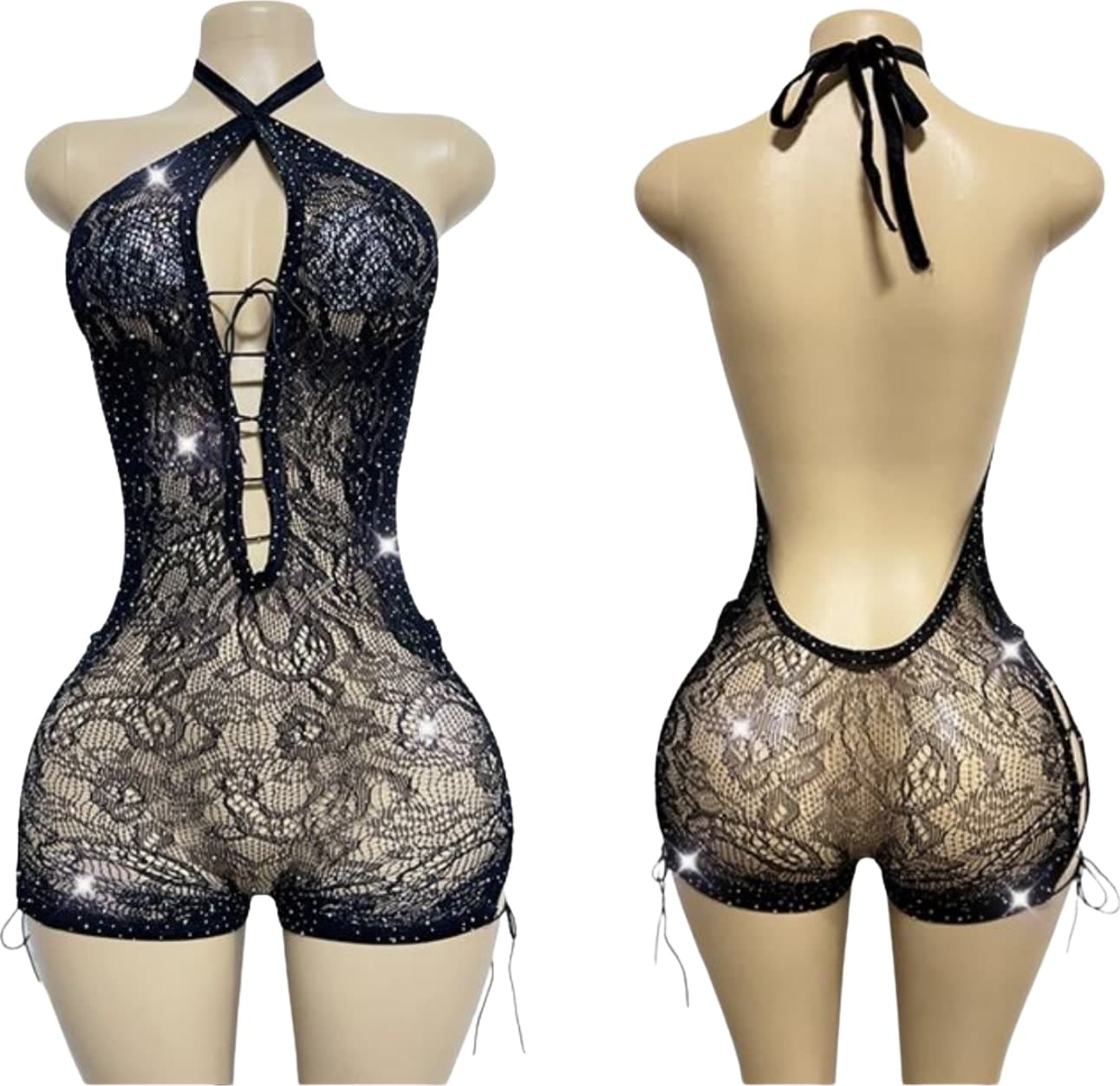 Catsuit Sexy in Pizzo Nero con Strass Tutina Donna Schiena Scoperta Taglia Unica - 8