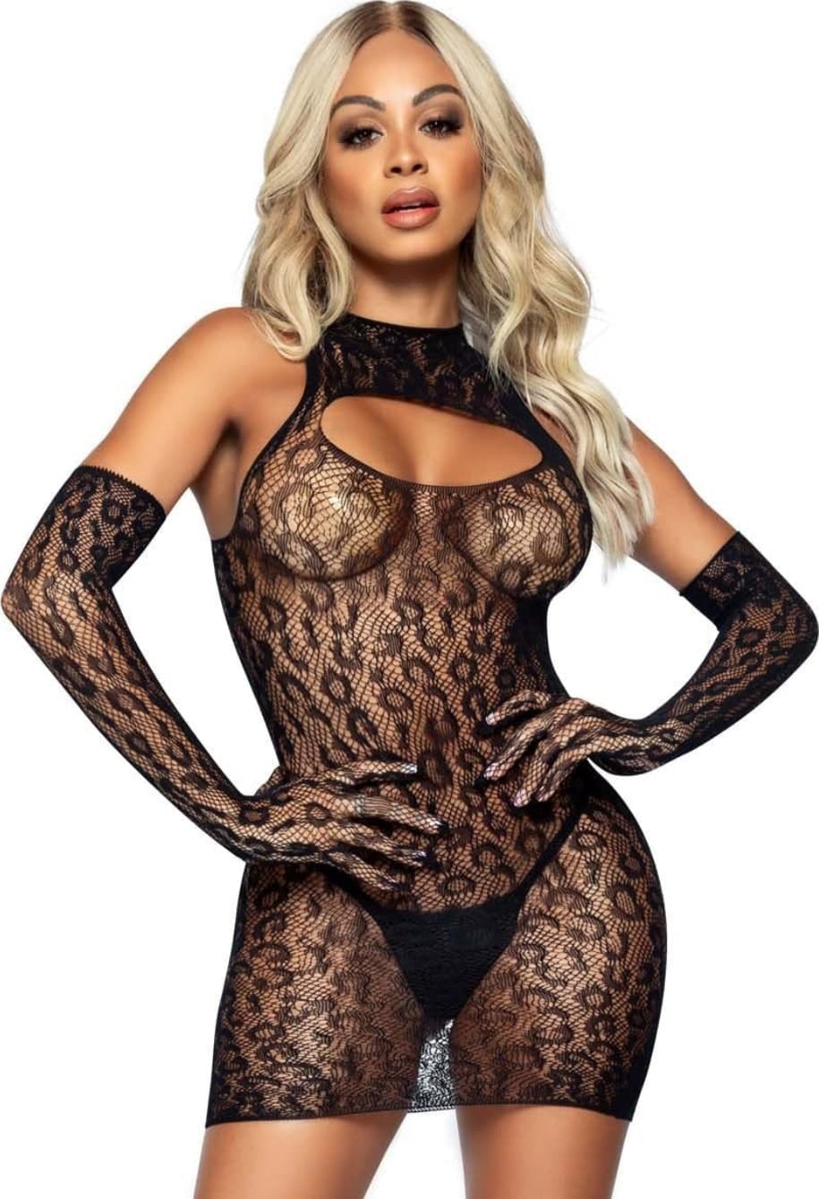 Abito Sexy in Pizzo Nero Trasparente Vestitino con Guanti Lunghi Taglia Unica - 3