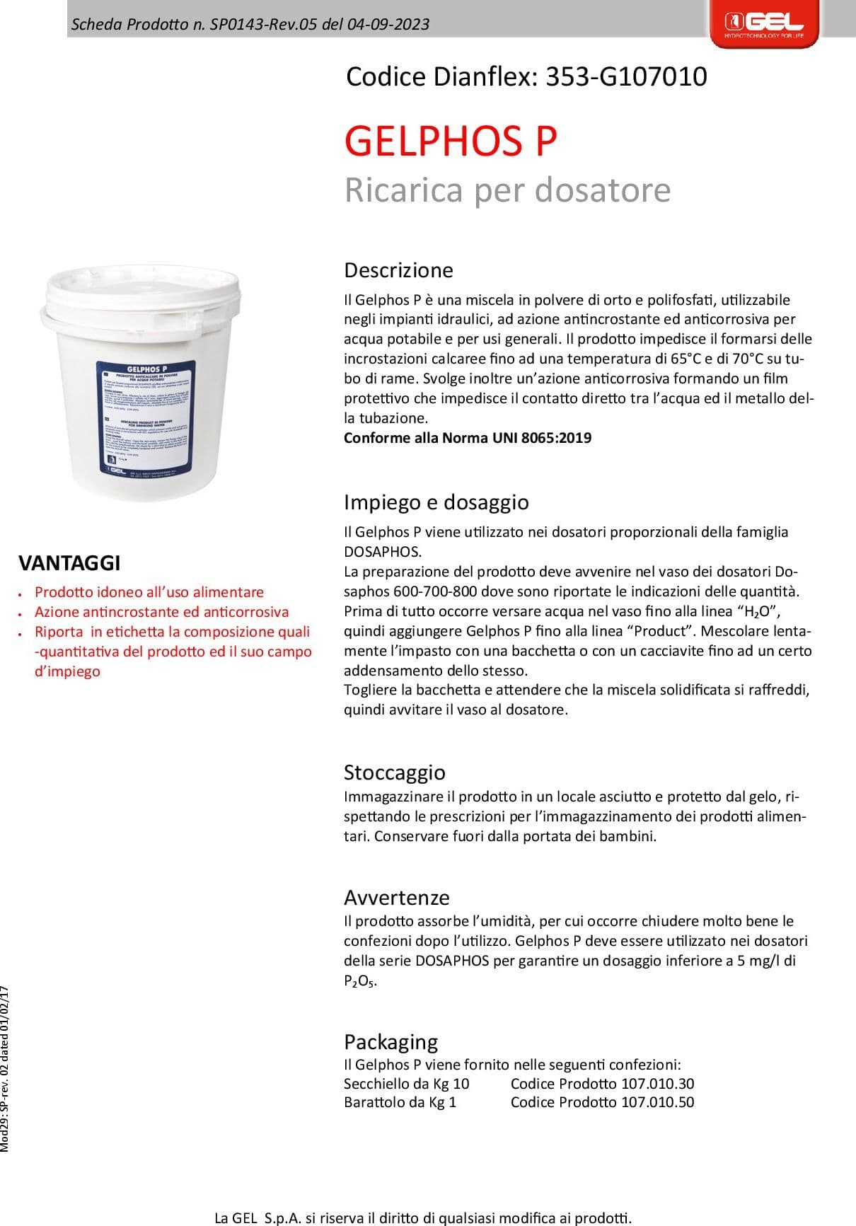 RICARICA PER DOSATORI POLIFOSFATI GELPHOS P- 1 kg- GEL- pezzi 1 - 2