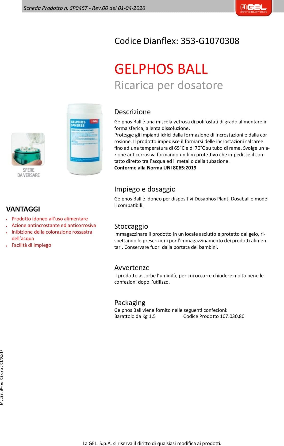 RICARICA POLIFOSFATI PER DOSATORE GELPHOS BALL- 1,5 kg- GEL- pezzi 1 - 2