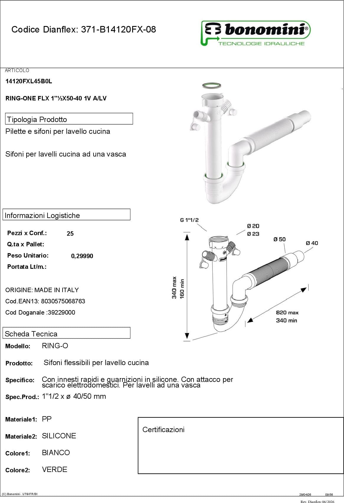 SIFONE PER LAVELLI CUCINA RINGONE FLX 1 VASCA ATTACCO ELETTRODOMESTICI- 11/2 x 50-40- BONOM- pezzi 1 - 2