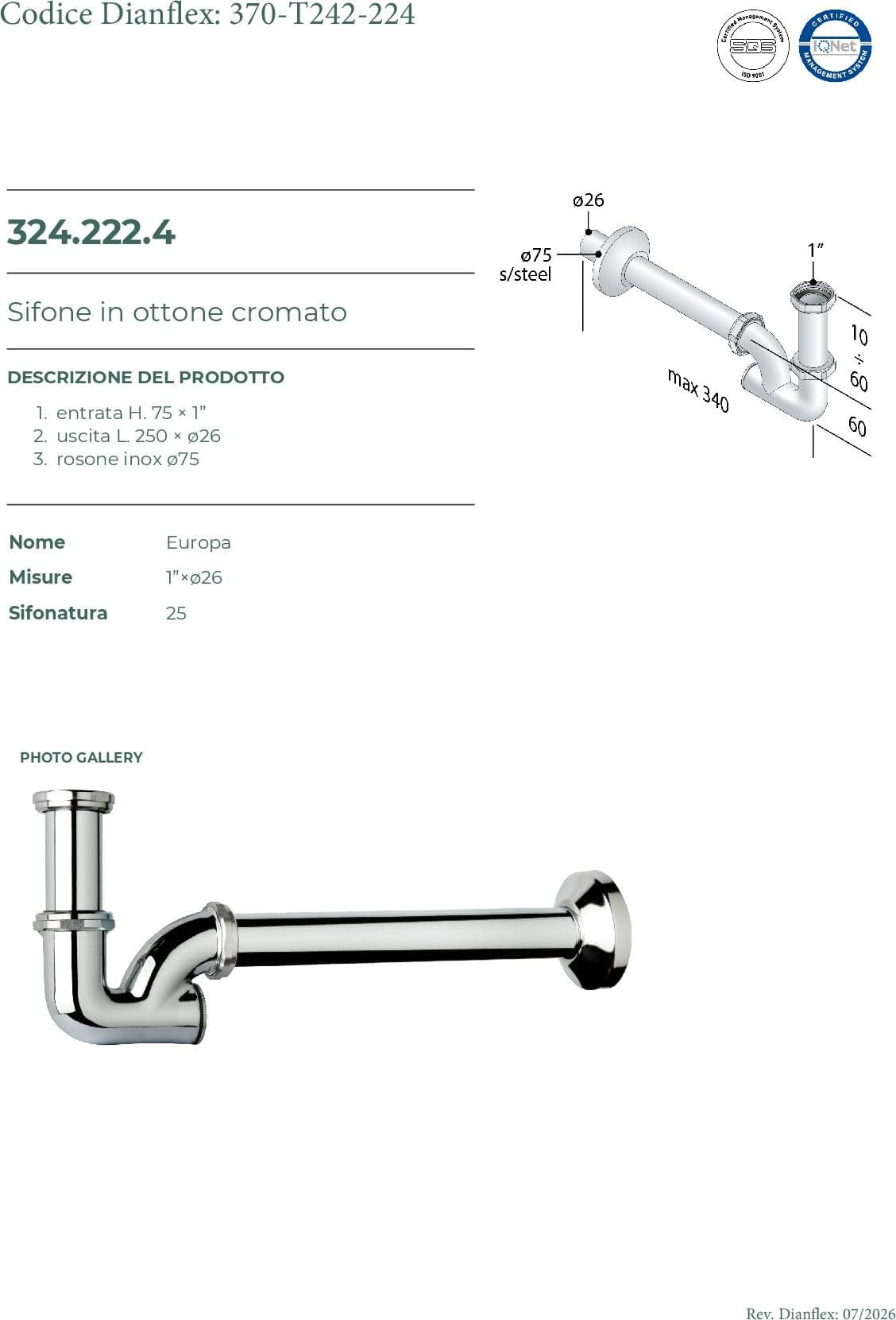 SIFONE AD U IN OTTONE CROMATO- 1 x 26- TEA- pezzi 1 - 2