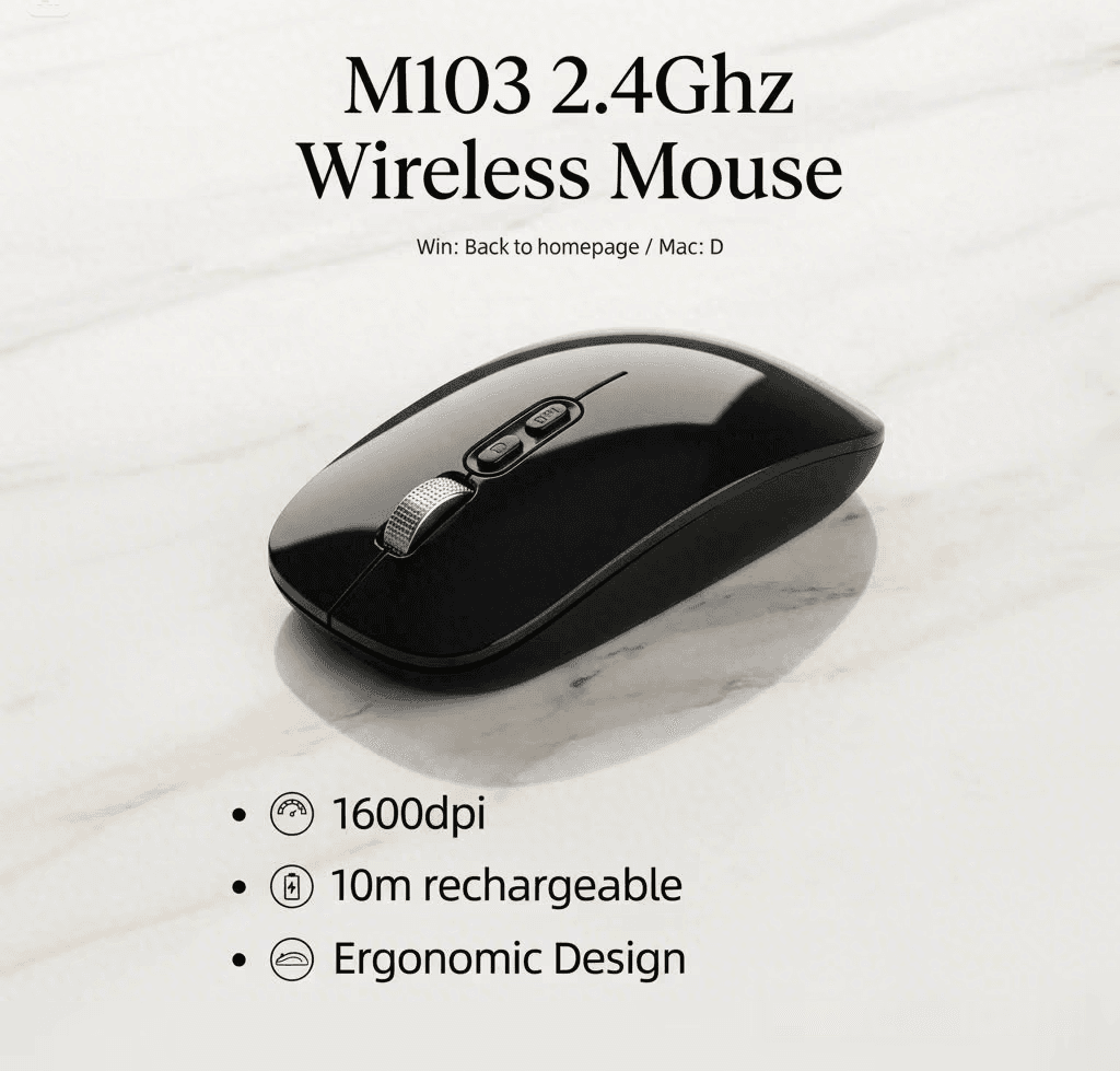 Mouse Wireless M103 2.4GHz 1600DPI Ricaricabile Silenzioso Ergonomico 10m - Nero - 2