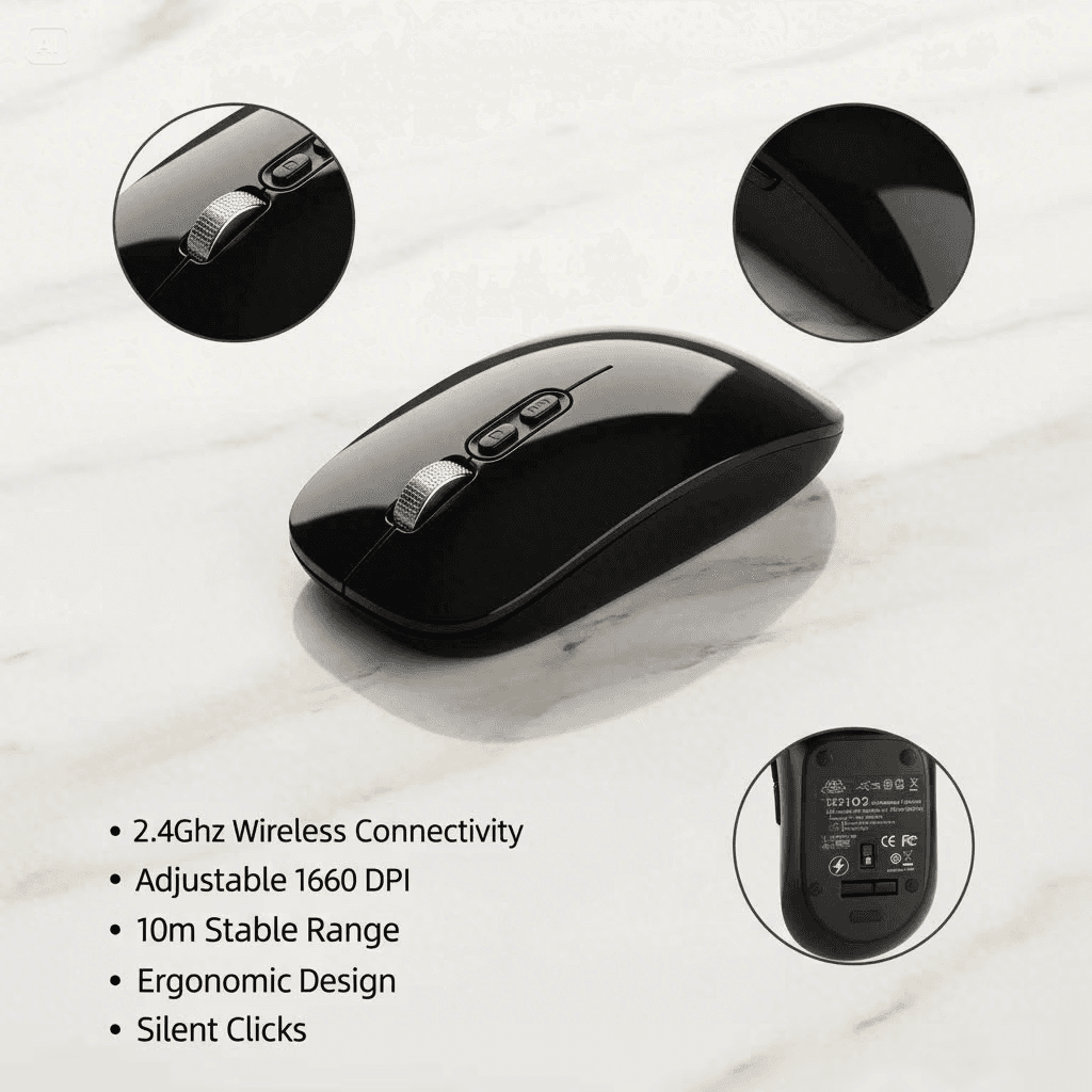 Mouse Wireless M103 2.4GHz 1600DPI Ricaricabile Silenzioso Ergonomico 10m - Nero - 3