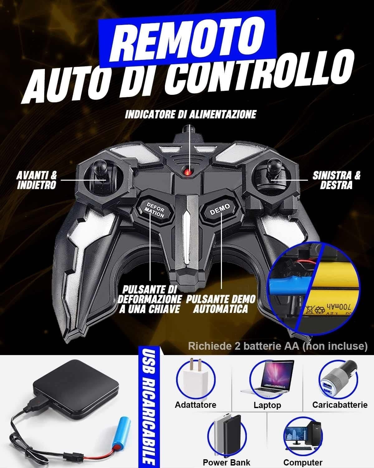Auto Telecomandata Robot Trasformabile 1:18 2.4GHz 360° Luci LED USB Bambini Blu - 2