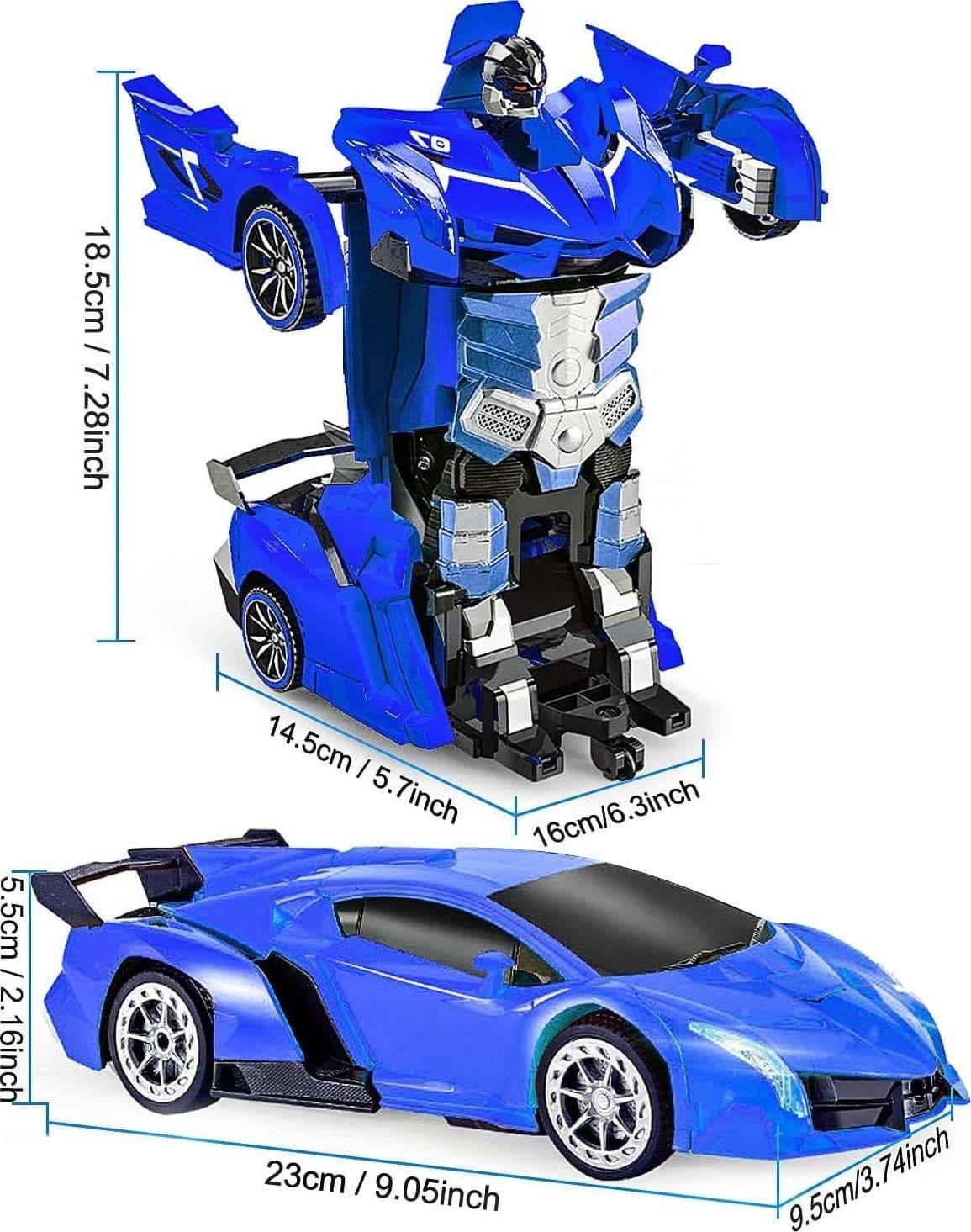 Auto Telecomandata Robot Trasformabile 1:18 2.4GHz 360° Luci LED USB Bambini Blu - 4