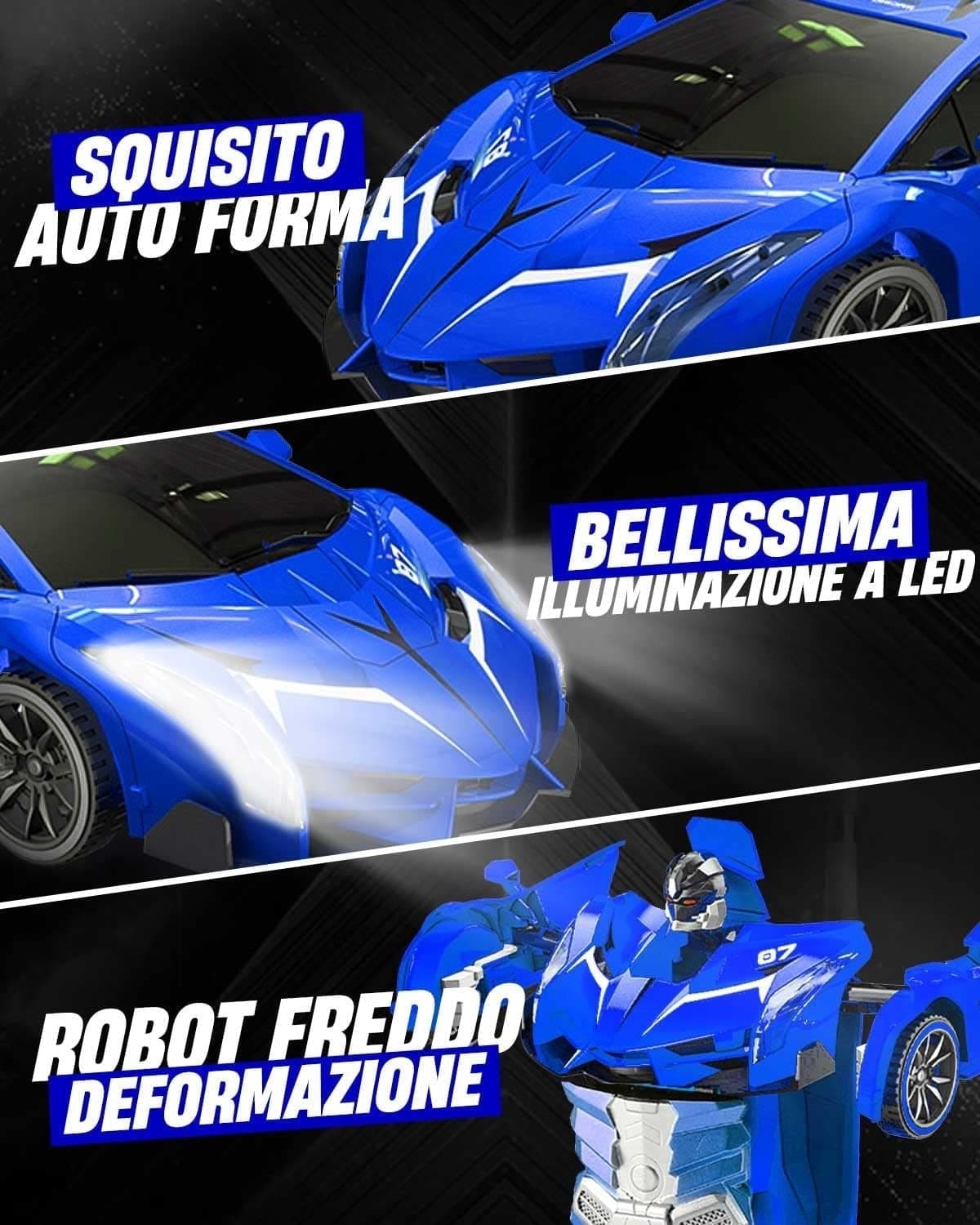 Auto Telecomandata Robot Trasformabile 1:18 2.4GHz 360° Luci LED USB Bambini Blu - 5
