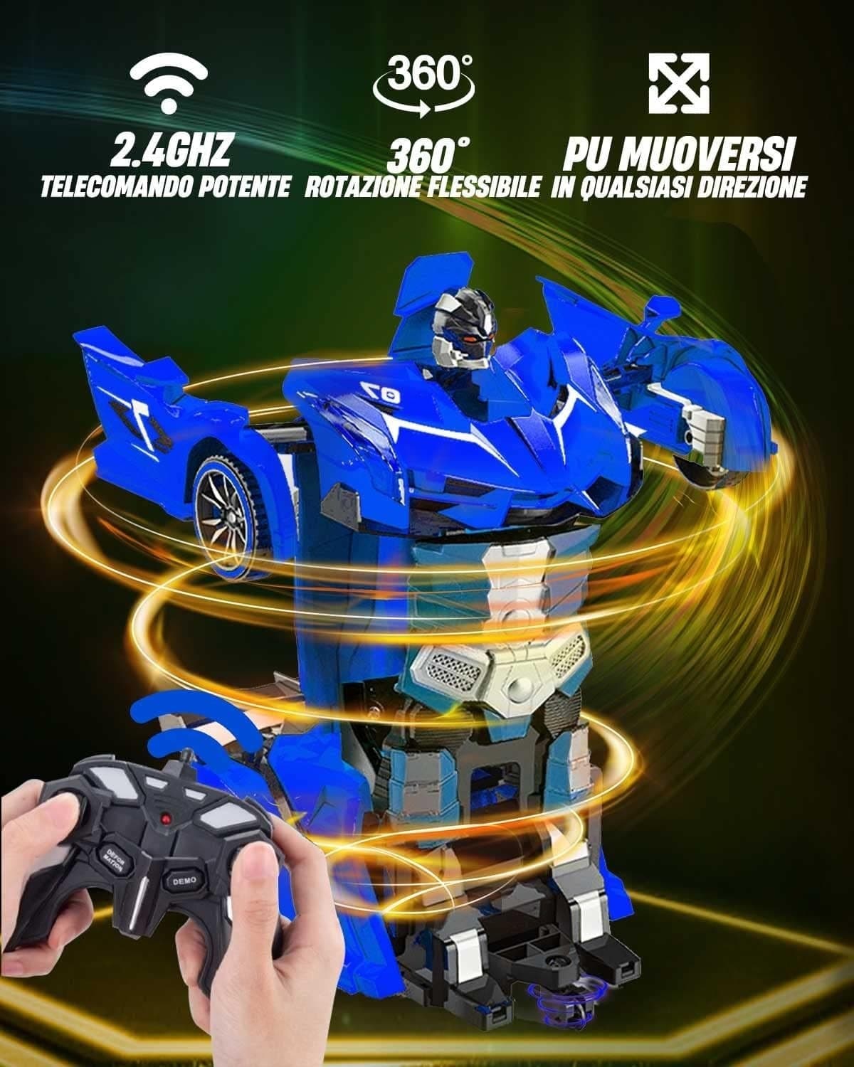 Auto Telecomandata Robot Trasformabile 1:18 2.4GHz 360° Luci LED USB Bambini Blu - 7