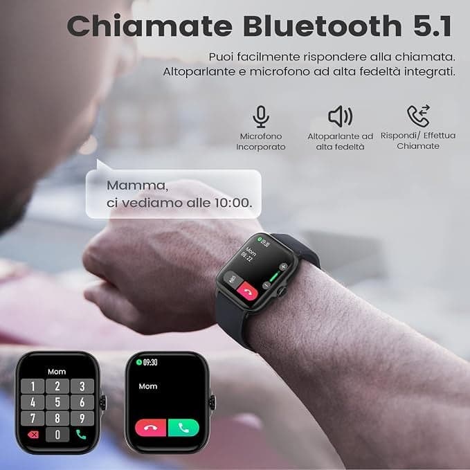 Smartwatch Uomo 1,7" Chiamate Bluetooth SpO2 Cardio Sonno 28 Sport IP67 Y22 Nero - 6