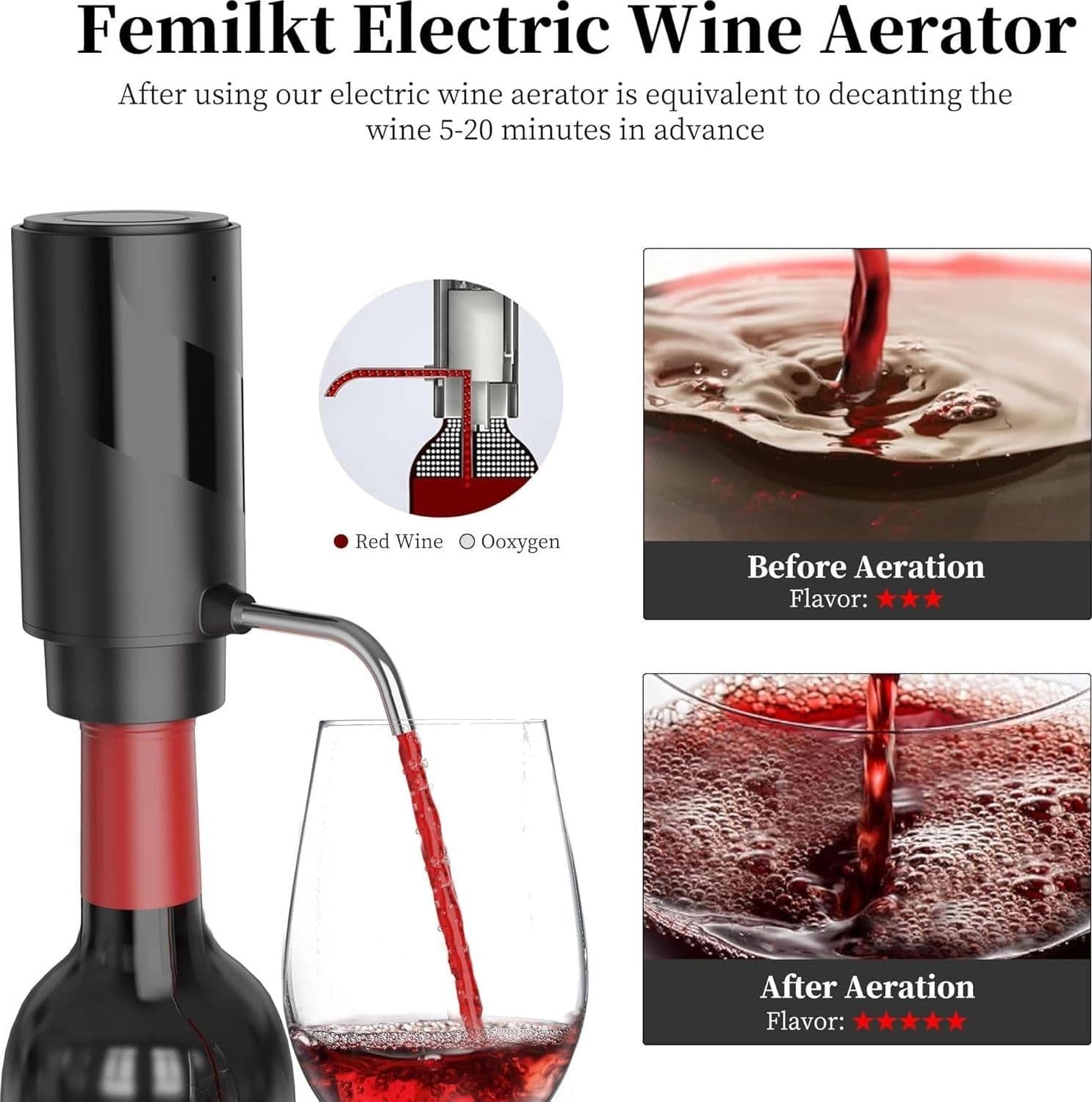 Aeratore Versatore Vino Elettrico USB-C Ricaricabile Dispenser Automatico Nero - 2