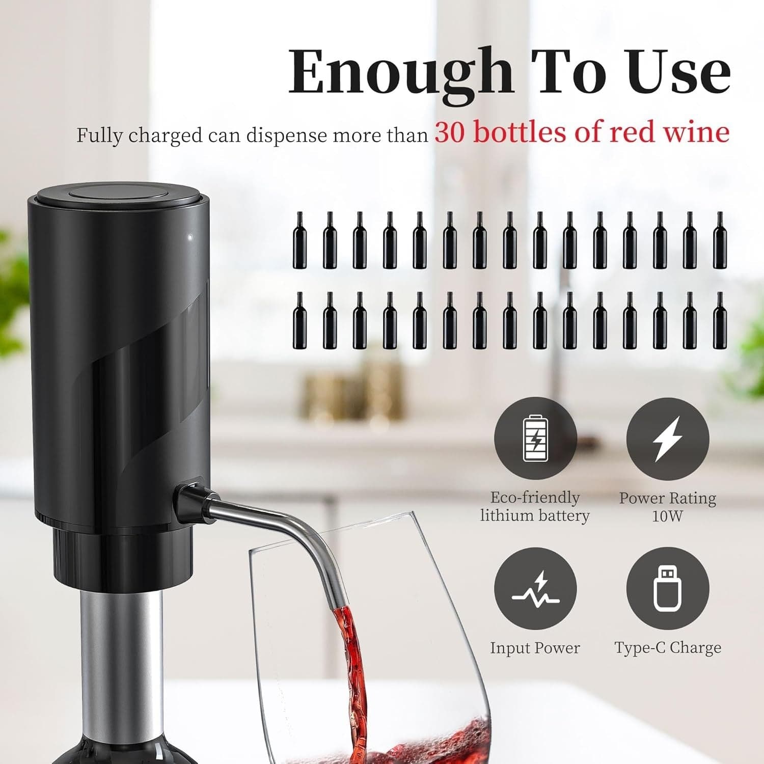 Aeratore Versatore Vino Elettrico USB-C Ricaricabile Dispenser Automatico Nero - 4