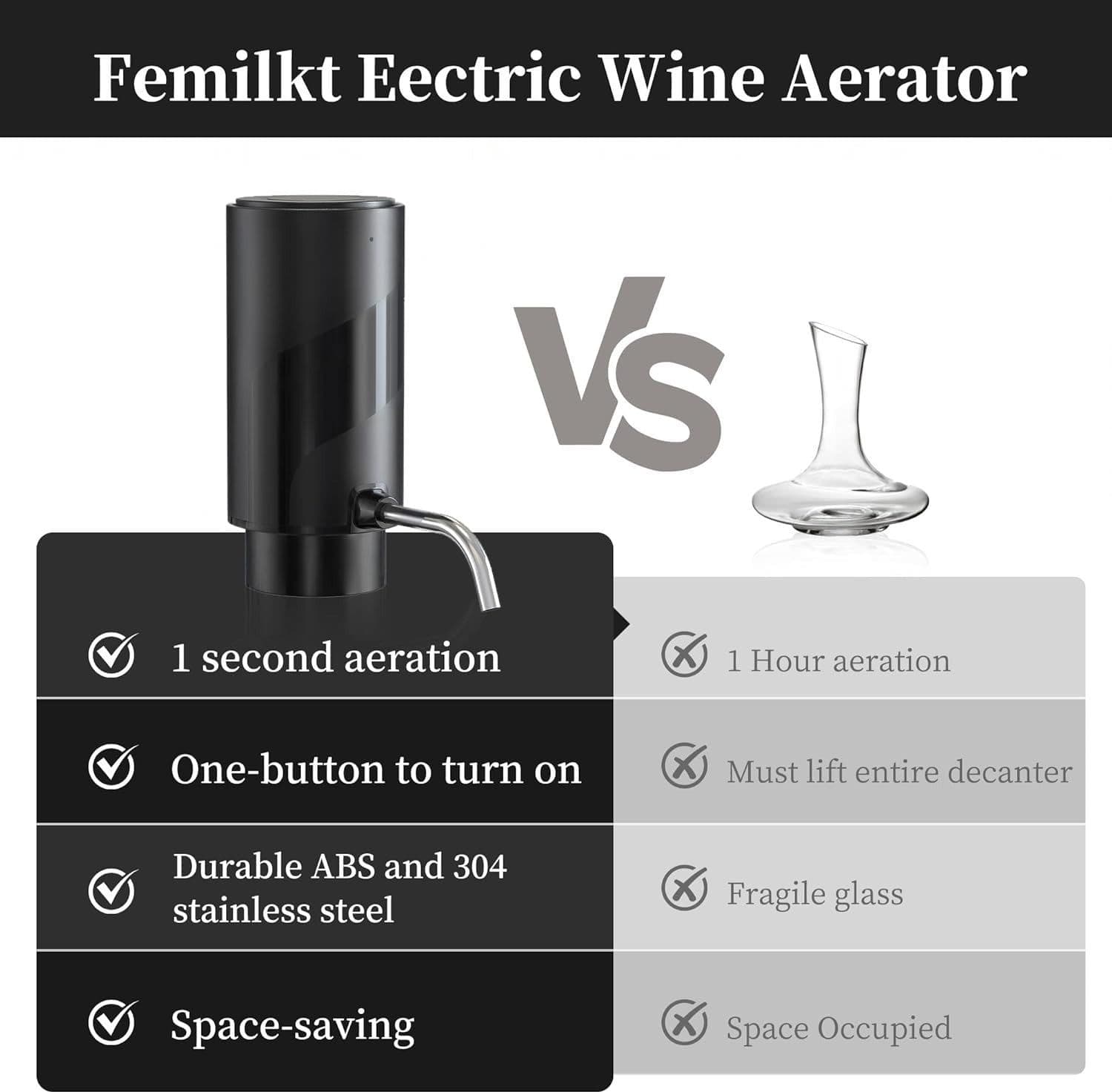 Aeratore Versatore Vino Elettrico USB-C Ricaricabile Dispenser Automatico Nero - 5