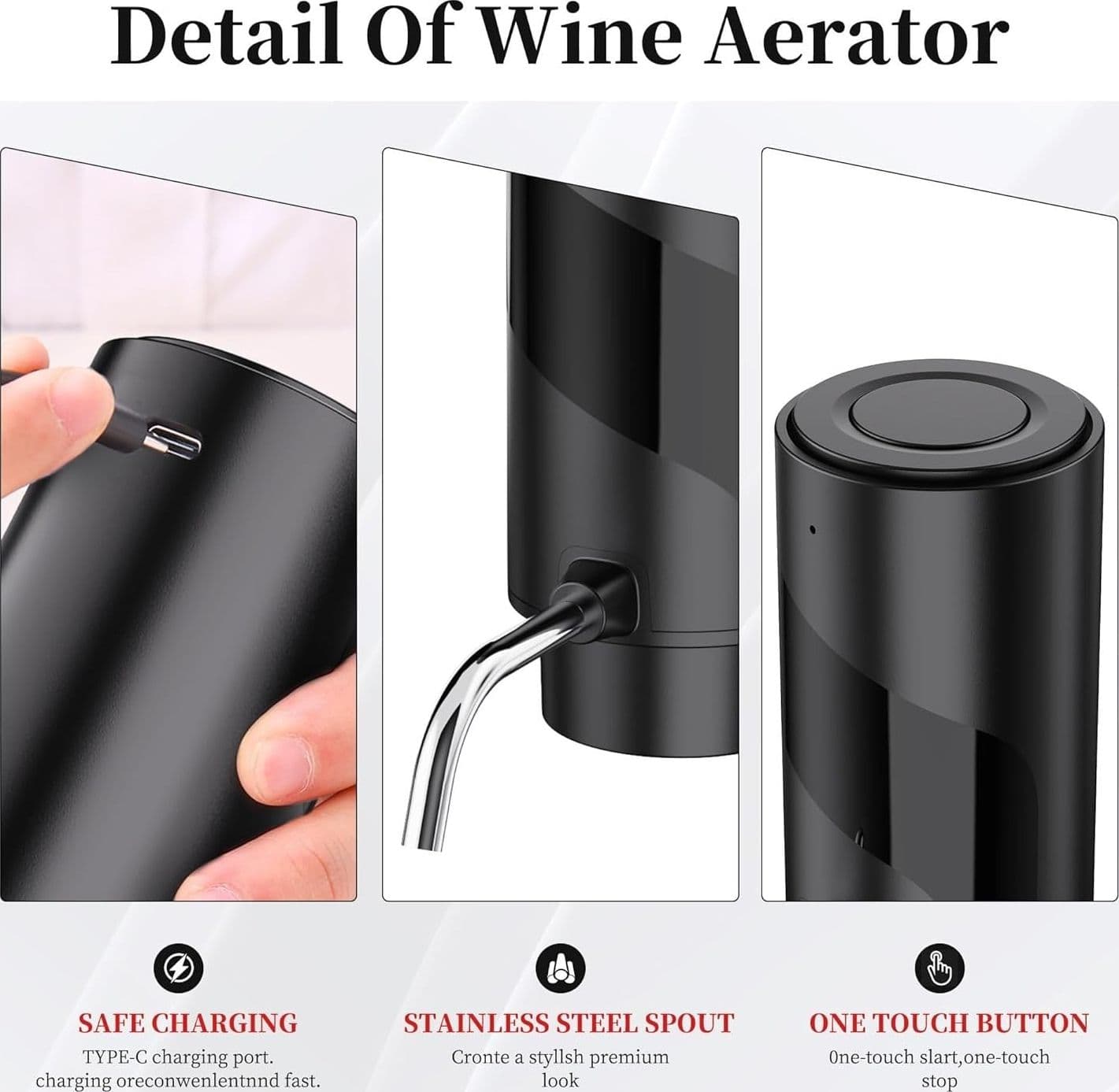 Aeratore Versatore Vino Elettrico USB-C Ricaricabile Dispenser Automatico Nero - 6