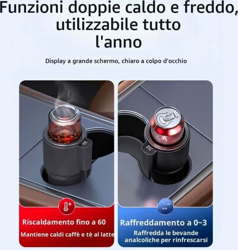 PORTABICCHIERI AUTO CON INDICATORE TEMPERATURA LED RAFFREDDAMENTO RISCALDAMENTO LATTINE - 7