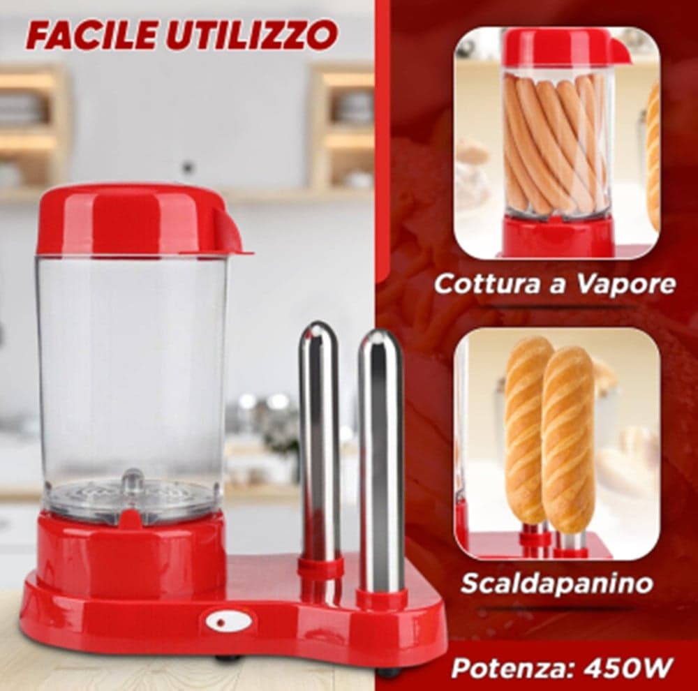 MACCHINA PER HOT DOG CUOCI WURSTEL 450 W CONTENITORE COTTURA A VAPORE CON PORTA PANINO - 6