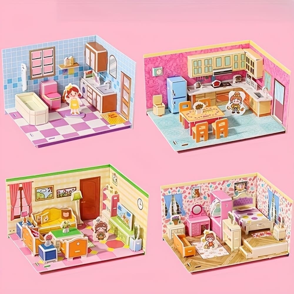 KIT 12PZ PUZZLE 3D FORMA STANZE CASA IN MINIATURA PER BAMBINI COSTRUZIONE FAI DA TE 32397 - 3