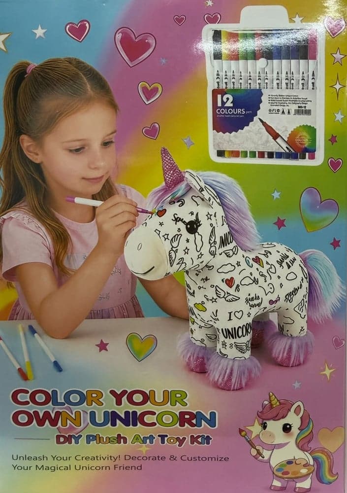 KIT PELUCHE UNICORNO DA COLORARE CON 12 PENNARELLI LAVABILE GIOCO CREATIVO PER BAMBINI - 2