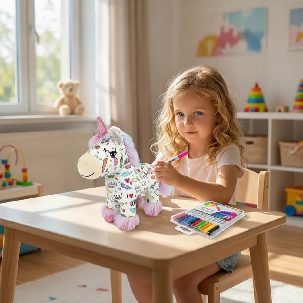 KIT PELUCHE UNICORNO DA COLORARE CON 12 PENNARELLI LAVABILE GIOCO CREATIVO PER BAMBINI - 11