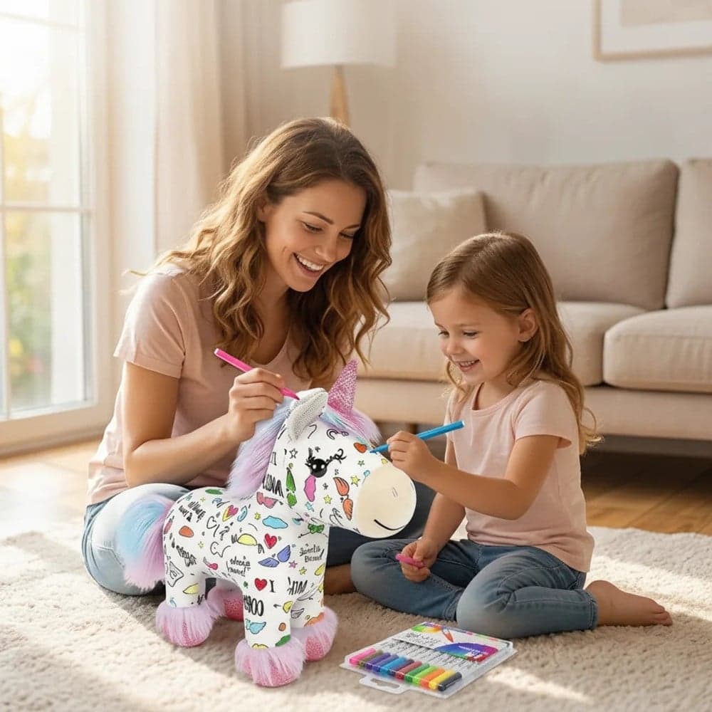 KIT PELUCHE UNICORNO DA COLORARE CON 12 PENNARELLI LAVABILE GIOCO CREATIVO PER BAMBINI - 12