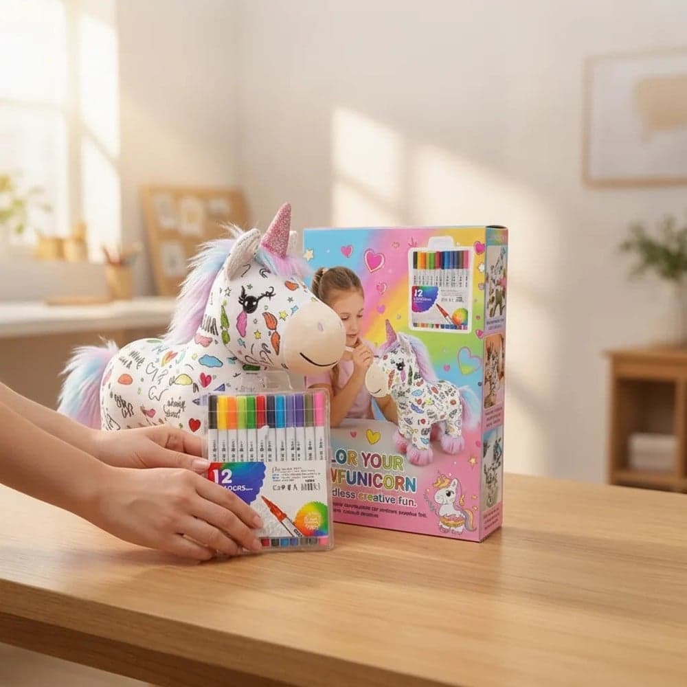 KIT PELUCHE UNICORNO DA COLORARE CON 12 PENNARELLI LAVABILE GIOCO CREATIVO PER BAMBINI - 5
