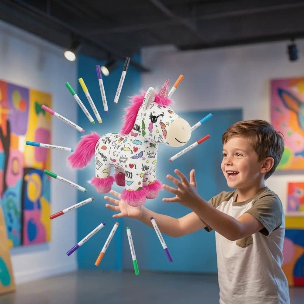KIT PELUCHE UNICORNO DA COLORARE CON 12 PENNARELLI LAVABILE GIOCO CREATIVO PER BAMBINI - 6
