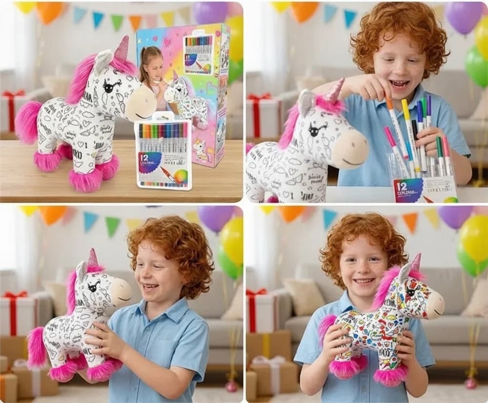 KIT PELUCHE UNICORNO DA COLORARE CON 12 PENNARELLI LAVABILE GIOCO CREATIVO PER BAMBINI - 9
