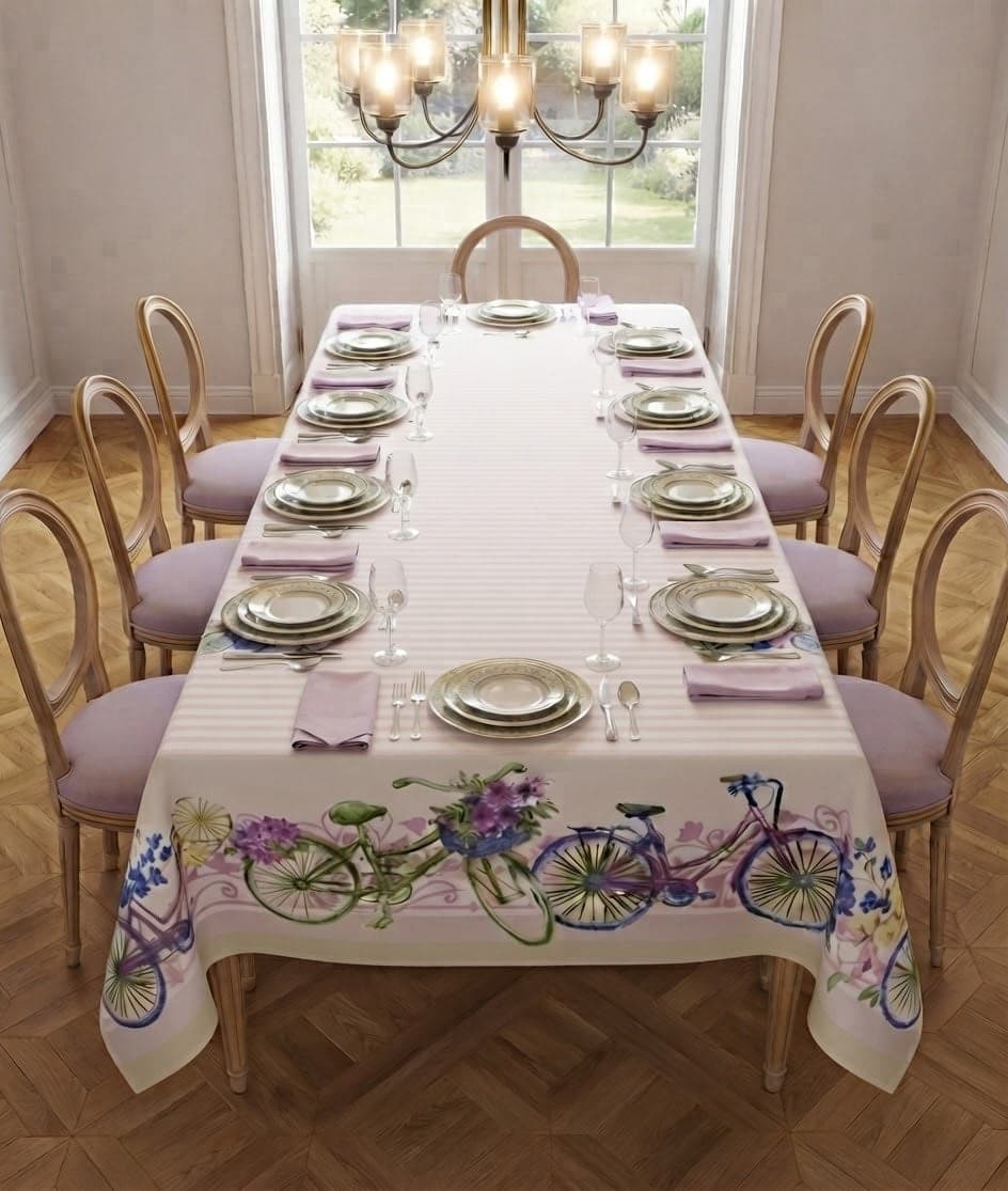 Tovaglia da Tavola x12 Ortensia Bici Preziosa Home Rasatello Stampato con Tovaglioli