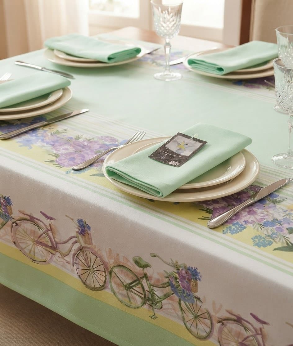 Tovaglia da Tavola x12 Ortensia Bici Preziosa Home Rasatello Stampato con Tovaglioli - 7