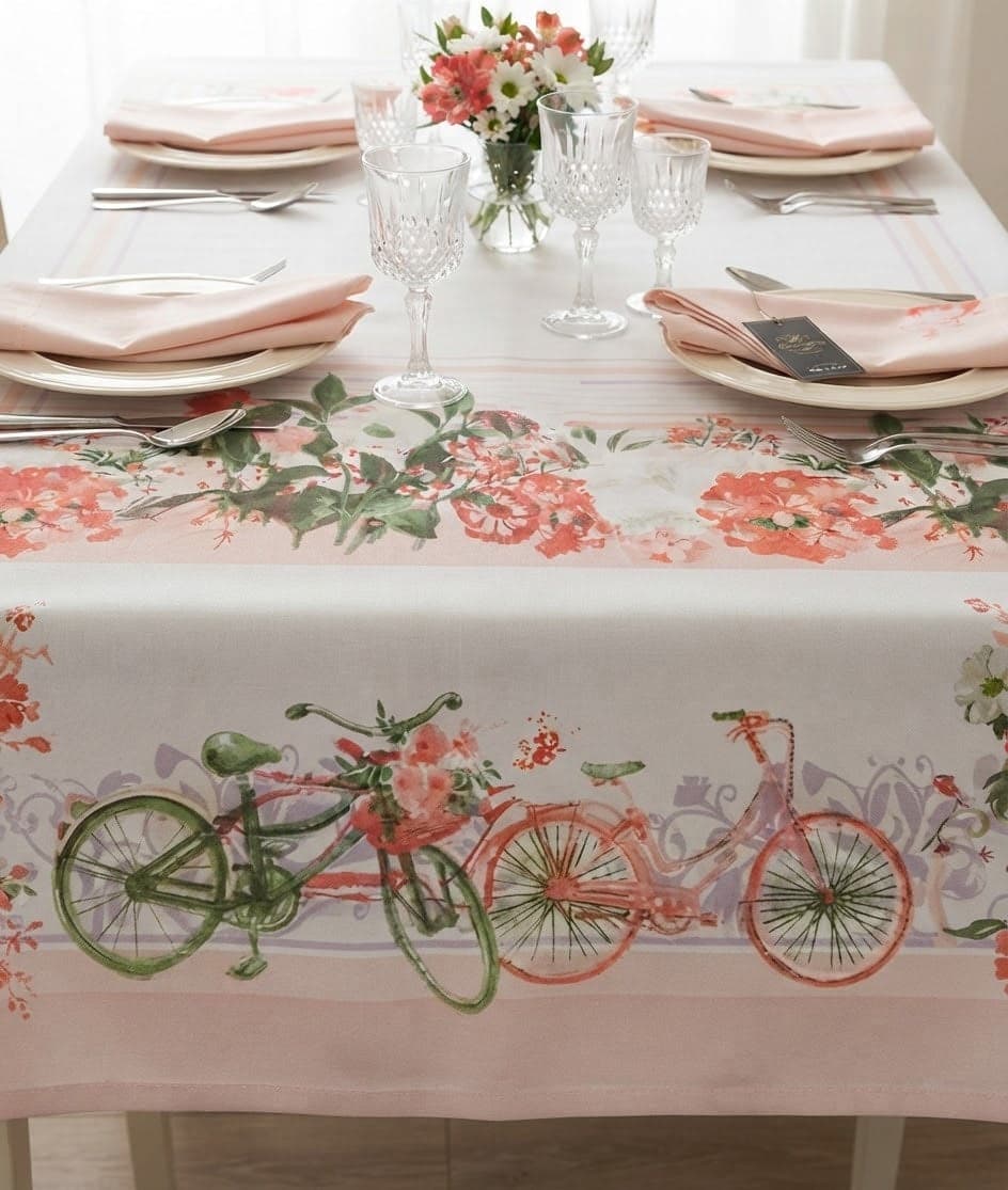 Tovaglia da Tavola x12 Ortensia Bici Preziosa Home Rasatello Stampato con Tovaglioli - 8