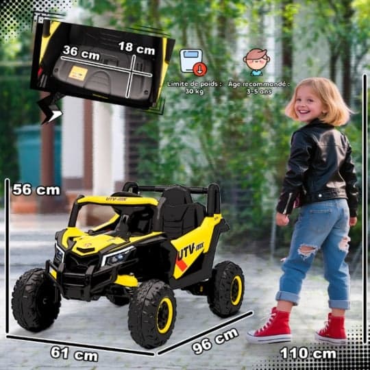 AIYAPLAY Auto elettrica bambini UTV 12 V, buggy elettrico bambini con telecomando 2.4G, avviamento lento, sistema di sospensione, luci, musica, porta USB, per ragazzi e ragazze 3-5 anni, giallo | Dimensioni 120.00 × 70.00 × 50.00 cm - 3