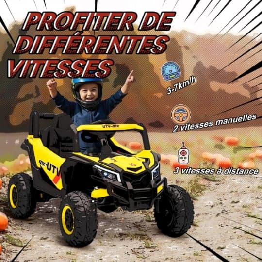 AIYAPLAY Auto elettrica bambini UTV 12 V, buggy elettrico bambini con telecomando 2.4G, avviamento lento, sistema di sospensione, luci, musica, porta USB, per ragazzi e ragazze 3-5 anni, giallo | Dimensioni 120.00 × 70.00 × 50.00 cm - 4